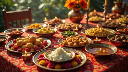 A lavish Diwali feast table overflowing with sweets, snacks, and lit oil lamps. A scene of abundance, joy, and generous hospitality for the festival of lights.の素材