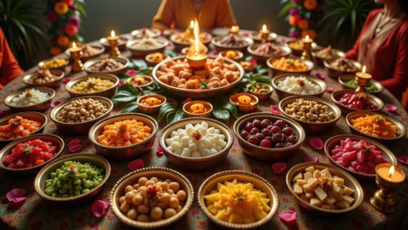 A lavish Diwali feast table overflowing with sweets, snacks, and lit oil lamps. A scene of abundance, joy, and generous hospitality for the festival of lights.の素材