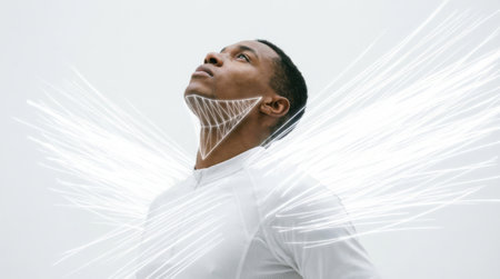 A dynamic 4/5 portrait of a person looking up, with bright, white data lines rapidly ascending from their shoulders and back, merging with a glowing geometric pattern on the jawline. white background.の素材