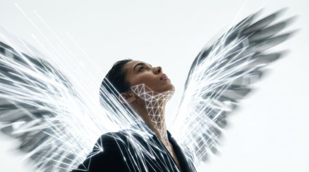 A dynamic 4/5 portrait of a person looking up, with bright, white data lines rapidly ascending from their shoulders and back, merging with a glowing geometric pattern on the jawline. white background.の素材