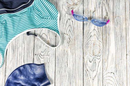 Sports accessories for swimming. Swimsuit, cap, glassesの写真素材