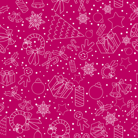 Christmas line icons seamless vector background. Seamless pattern can be used for wallpaper, pattern fills, web page background, surface textures. Gorgeous Christmas seamless  backgroundのイラスト素材