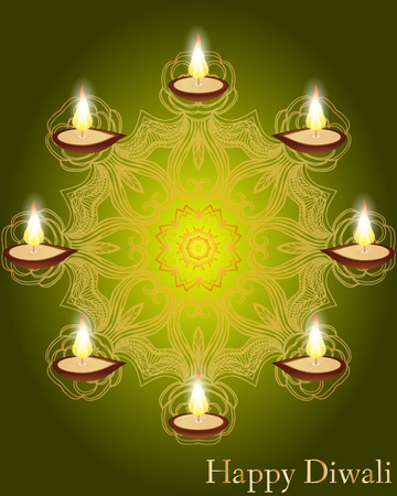Religious card design for Diwali festival with beautiful lamps. Vector illustration of burning diya (Oil Lamp) on Diwali Holiday background. Mandalaのイラスト素材