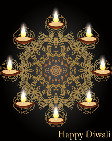 Religious card design for Diwali festival with beautiful lamps. Vector illustration of burning diya (Oil Lamp) on Diwali Holiday background. Mandalaのイラスト素材