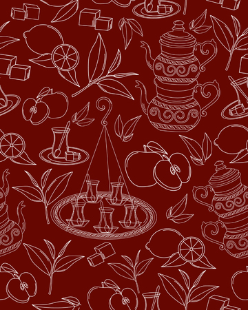Turkish tea. Vector seamless texture with tea line icon pattern. Endless background.Vector backdrop. Use for wallpaper, pattern fills, web page backgroundのイラスト素材