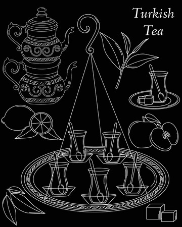 Vector tea line icon set. Vector turkish tea set. Apple, Lemon, Tea leafのイラスト素材