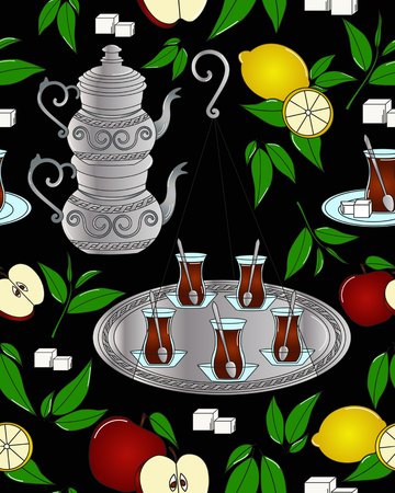 Turkish tea. Vector seamless texture with tea line icon pattern. Endless background.Vector backdrop. Use for wallpaper, pattern fills, web page backgroundのイラスト素材