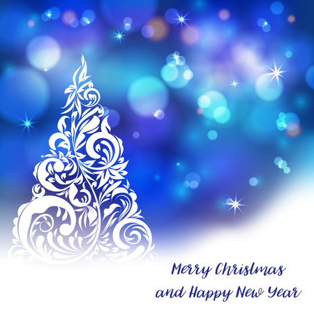 Stylized christmas tree on decorative bokeh background lettering text for internet sites, gift cards, flyers, and presentations.のイラスト素材