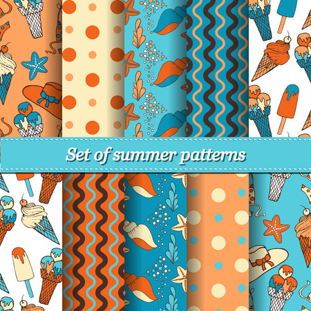 Set of hand drawn summer colorful pattern marine and vacation symbols background fabric design, texture for wedding, bridal, valentine day or birthday invitations.のイラスト素材