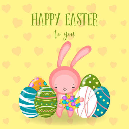 Greeting cards with cute Easter bunny, Easter eggs and flowers. Vector funny characters rabbit illustration.のイラスト素材