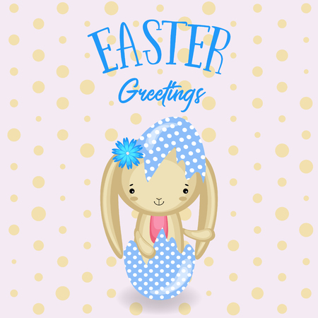 Greeting cards with cute Easter bunny, Easter eggs and flowers Vector funny characters rabbit illustration.のイラスト素材