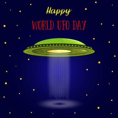World UFO Day. Flying Saucer, Spaceship And UFO card vectr illustration. Cartoon funny UFO, unidentified spaceship and spacecrafts from alien invaders,のイラスト素材