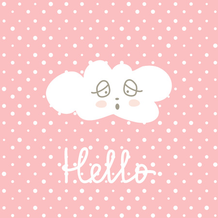 Cute Happy Cloud cartoon on polka pots background. Print or Icon Vector Illustration. nursery art. Hello textのイラスト素材