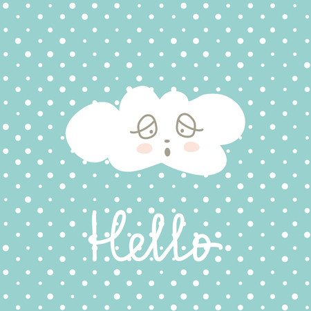 Cute Happy Cloud cartoon on polka pots background. Print or Icon Vector Illustration. nursery art. Hello textのイラスト素材