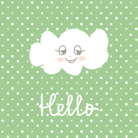 Cute Happy Cloud cartoon on polka pots background. Print or Icon Vector Illustration. nursery art. Hello textのイラスト素材