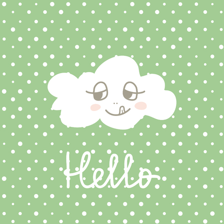 Cute Happy Cloud cartoon on polka pots background. Print or Icon Vector Illustration. nursery art. Hello textのイラスト素材