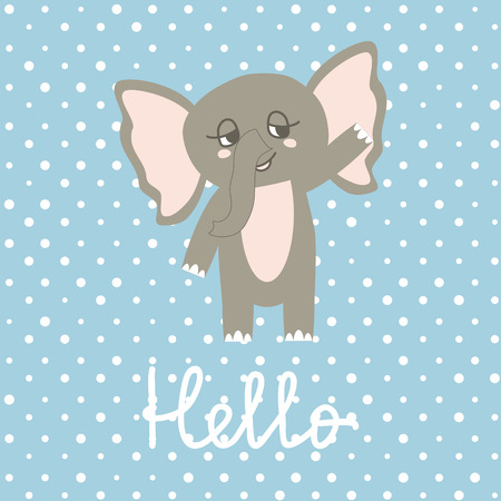 Cute Happy Elephant cartoon on polka pots background. Print or Icon Vector Illustration. nursery art. Hello textのイラスト素材