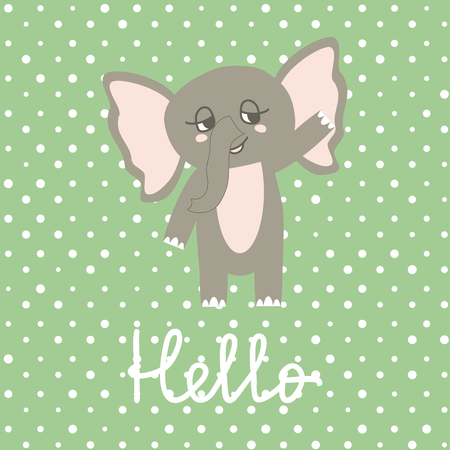 Cute Happy Elephant cartoon on polka pots background. Print or Icon Vector Illustration. nursery art. Hello textのイラスト素材