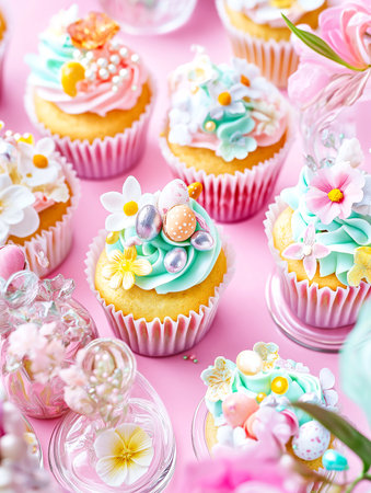 Colorful Easter cupcakes decorated with edible flowers, styled with a deconstructive aesthetic and vibrant pastel tones. Photographed through glass objects for an artistic and modern presentationの素材