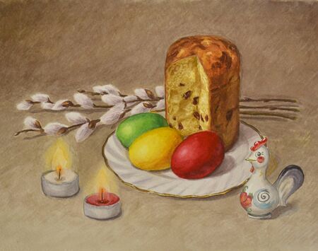 Bright beautiful composition of willow branches, Easter cake, painted eggs, statuettes of rooster and two burning candles. For postcards and greetings.の写真素材