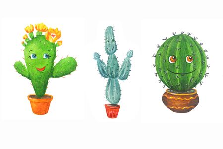 Watercolor set: three green cactus in a pots in cartoon style. Illustrations Isolated on a white background. Can be used for prints, design, decoration, children's textiles.の写真素材