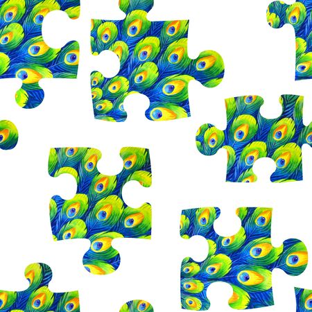 Seamless texture of jigsaw puzzles with the image of peacock feathers. Cartoon watercolor illustration for decoration, packaging and other applications.の写真素材