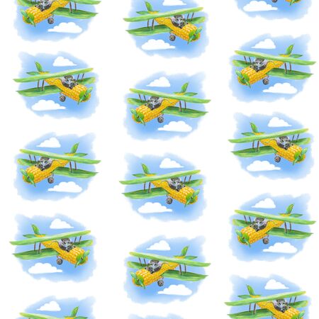 Seamless cartoon pattern  with a pilot mouse on a plane flying in the sky. Watercolor  illustration. Background for children's textiles, packaging, wrapping.の写真素材