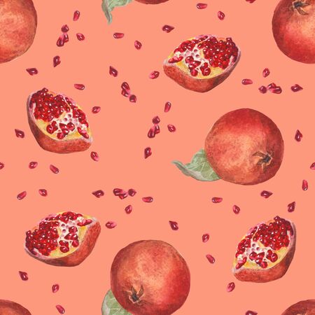 Seamless botanical pattern with red fruits on a terracotta background. Watercolor illustration - juicy ripe pomegranate.の写真素材