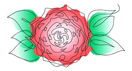 Beautiful bud of a red rose with leaves drawn by a continuous line. Vector illustration.のイラスト素材