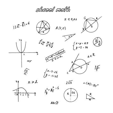 Geometric graphs, algebraic constructions, formulas and figures. School handwritten doodle. Hand drawn vector illustration.のイラスト素材