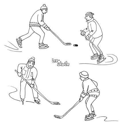 Set of men in winter clothes skating with hockey sticks in their hands. Yard entertainment at the rink. Healthy lifestyle. Sports hobby. Simple vector illustration.のイラスト素材