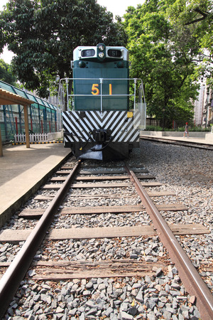 HONG KONG JULY 16 2014: Retired historical green train at Tai Po on July 16 2014 in Hong Kong. This historical diesel locomotive is parked at the only railway museum in Hong Kong.のeditorial素材