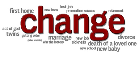 Word cloud with change in bold red letters surrounded by words relating to life changesの写真素材