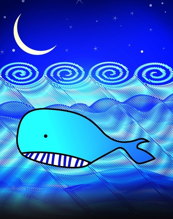 Whale swimming at night cartoon illustrationの写真素材