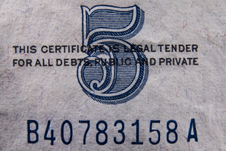 Silver certificate 5 five dollar bill detail close up macro
