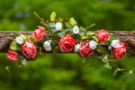 Artificial floral design detail outside wedding venueの写真素材