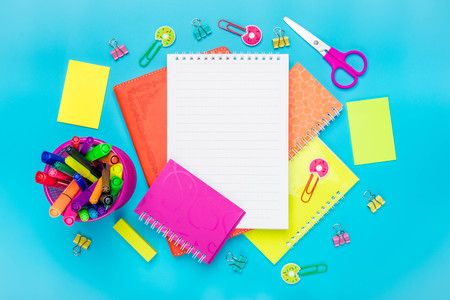 Stationary, back to school, summer time, creativity and education concept.Supplies- scissors,...