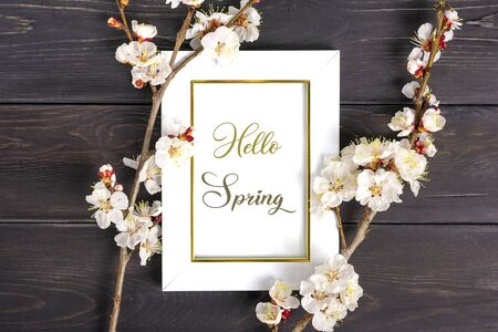 Sprigs of the apricot tree with flowers, white photoframe on wooden background. Place for text. The concept of spring came, happy easter, mother's day. Top view. Flat lay.の写真素材