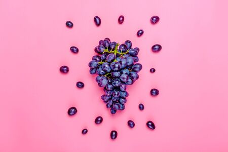 Natural organic black juicy grapes on a trend pink millennial background Top View Flat Lay.の写真素材