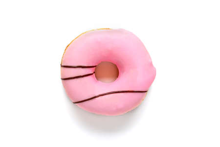 Classic chocolate, pink strawberry, decorated with colorful sprinkles donut isolated on blue background Flat lay Top View Knolling Unhealthy and tasty food concept Holiday cardの写真素材