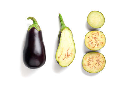 Fresh raw purple Eggplant isolated on white background Recipes from Eggplant Flat lay Top view Mock up Rustic style Creative concept.の写真素材