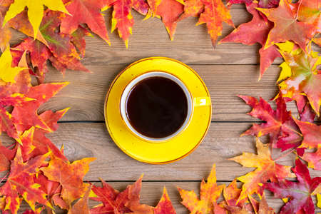 cup with hot black coffee on a wooden table with autumn fallen yellow, orange and red leaves Flat lay Top view Mock up Hello september, october, november, sesonal concept.の写真素材