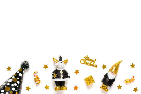 elf, deer, gift box, bauble decorated with gold sparkle in black, golden color isolated on white...