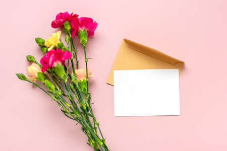 bouquet of pink carnation flower isolated on pink background Top view Flat lay Holiday card 8 March,...