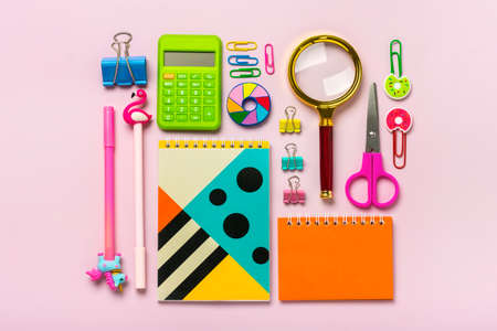 Stationary, back to school, summer time, creativity and education concept. Supplies - scissors,...