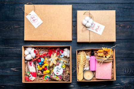 Set for care box Eco-friendly cosmetics Bath salt, comb, handmade soap, oil bottles, sponge, sweets...