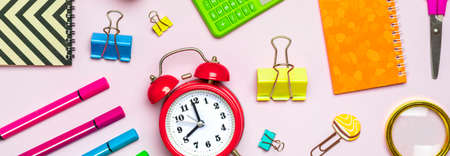 Frame from school and office supplies Paper clips, scissors, pens, felt-tip pens, sharpener,...