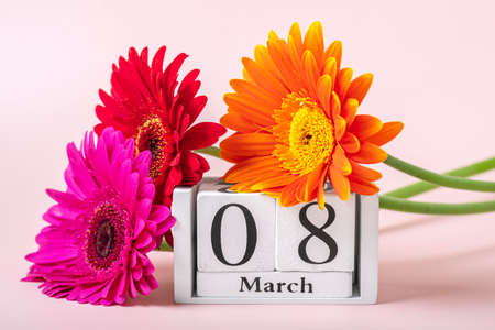 with gerbera flowers on pink backgroundの写真素材