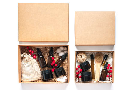 Set for care box Eco-friendly cosmetics Oil and cream bottles, brush for washing, cotton pads on...