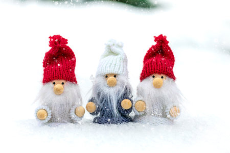Christmas holiday card Cute scandinavian gnomes with red, white hat and beard in snowy winter forest...